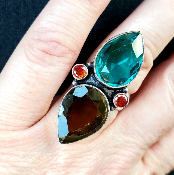 New Stunning Smoky and Green Quartz, Garnet 925 Silver Ring. - Picture 5 of 11